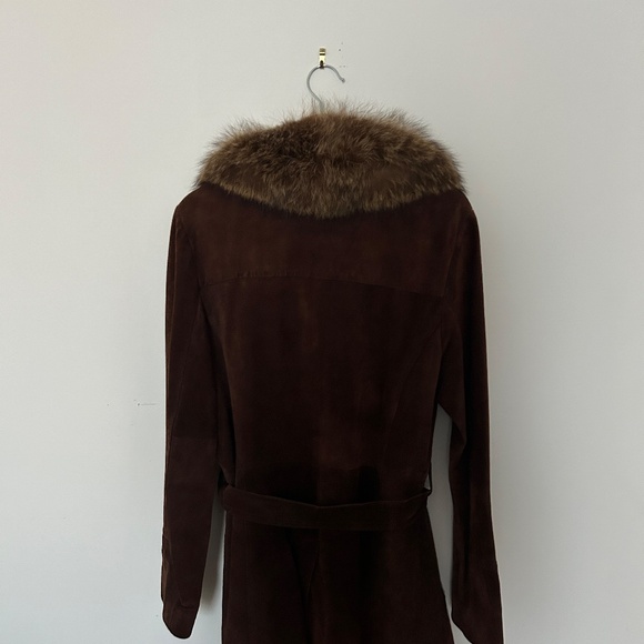 Vintage Long Brown Suede Fur collar Trench Coat - Picture 5 of 6